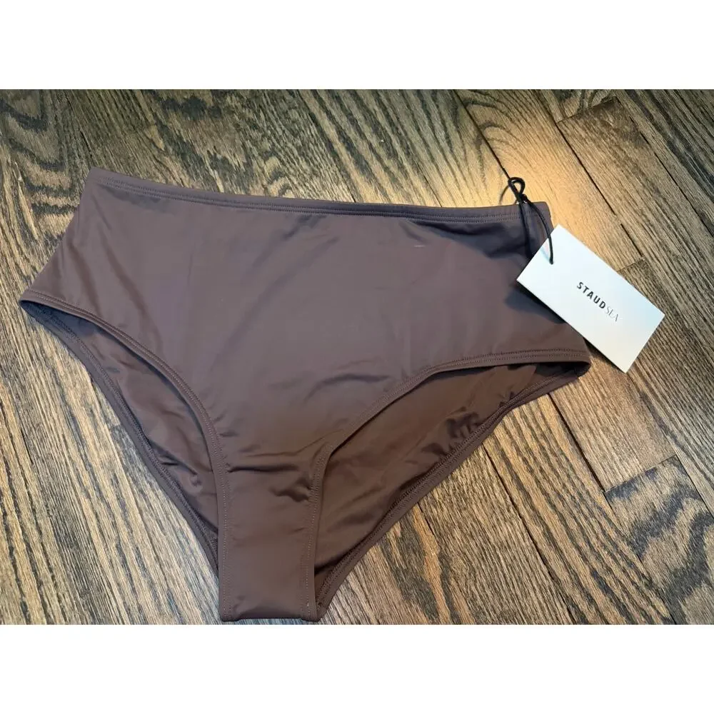 STAUD Devon High Rise Bikini Bottoms Brown Sz M NWT $95